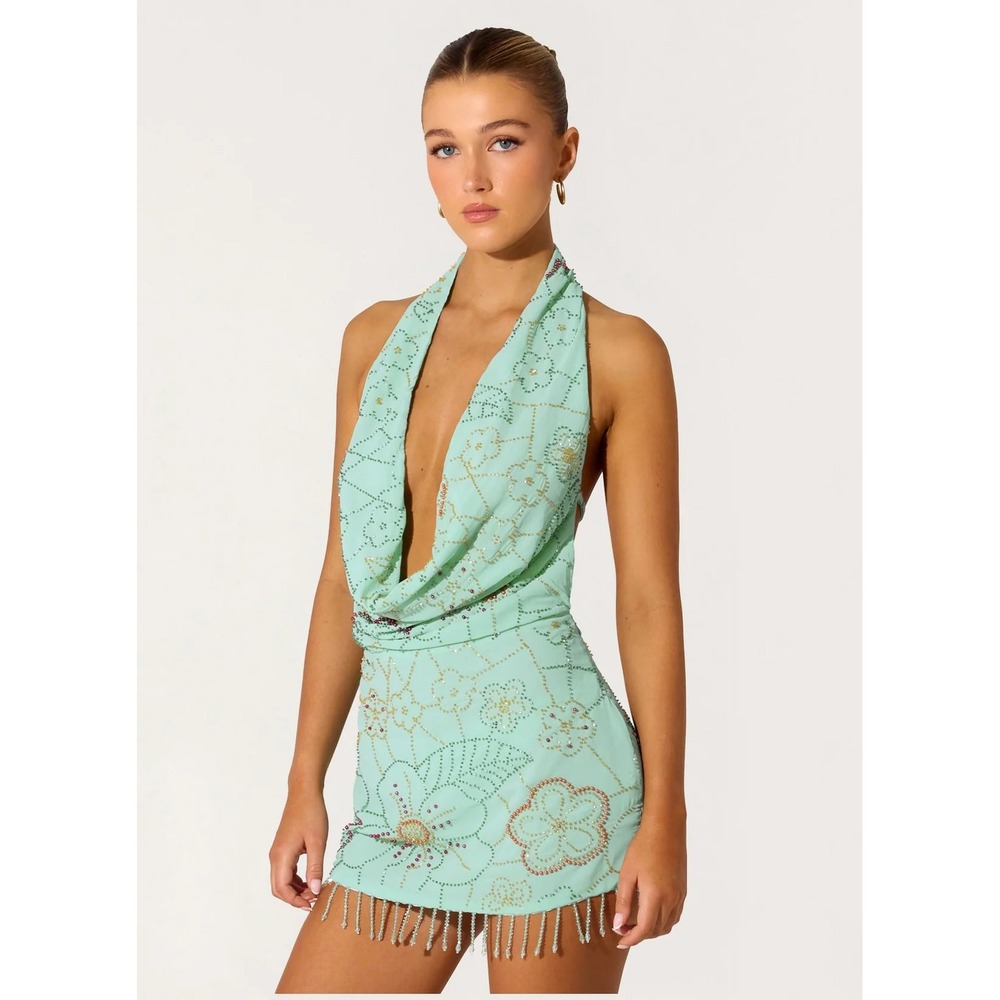 Peppermayo Teal Beaded Floral Mini Dress Halter Cowl Neck Fringe Hem Size 6